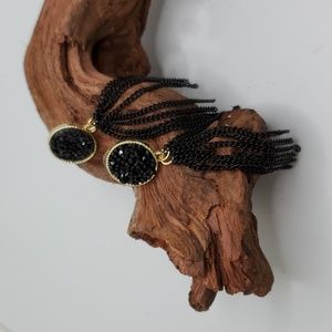 Stunning boho black crystal and chain earrings in gold setting